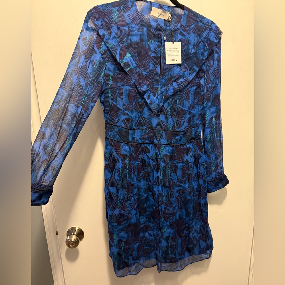 Coach Silk Layered Long Sleeve Blue Patterned Women's Dress Size 0 NWT